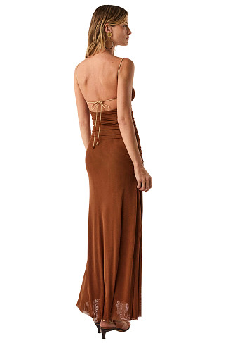 MEDIUM BEIGE Rumi Mesh Ruched Maxi Dress