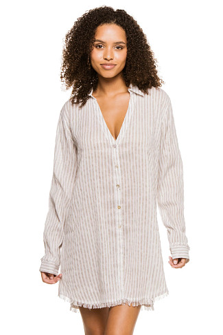 GRAY/IVORY Metallic Stripe Button Down Shirt Dress