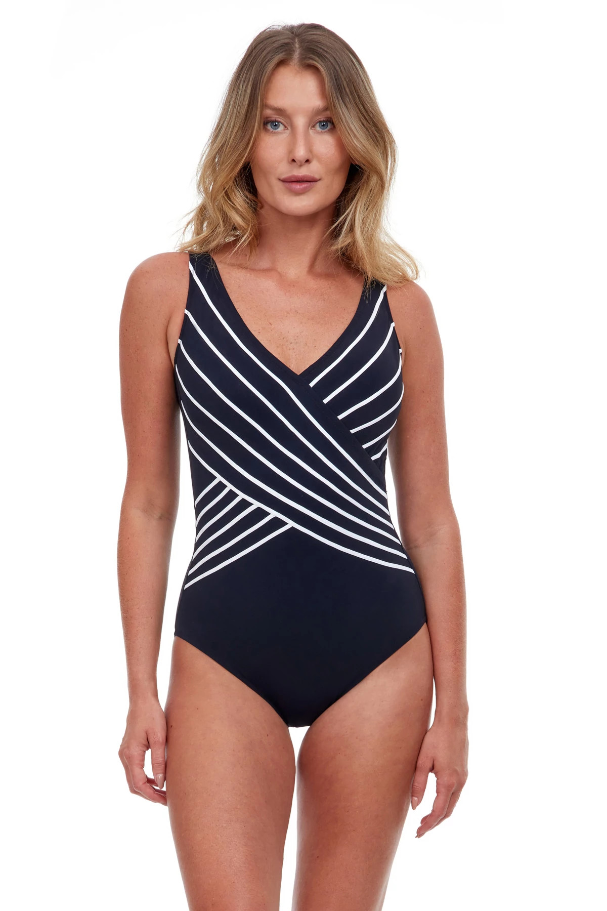 BLACK V-Neck Surplice One Piece Swimsuit image number 1