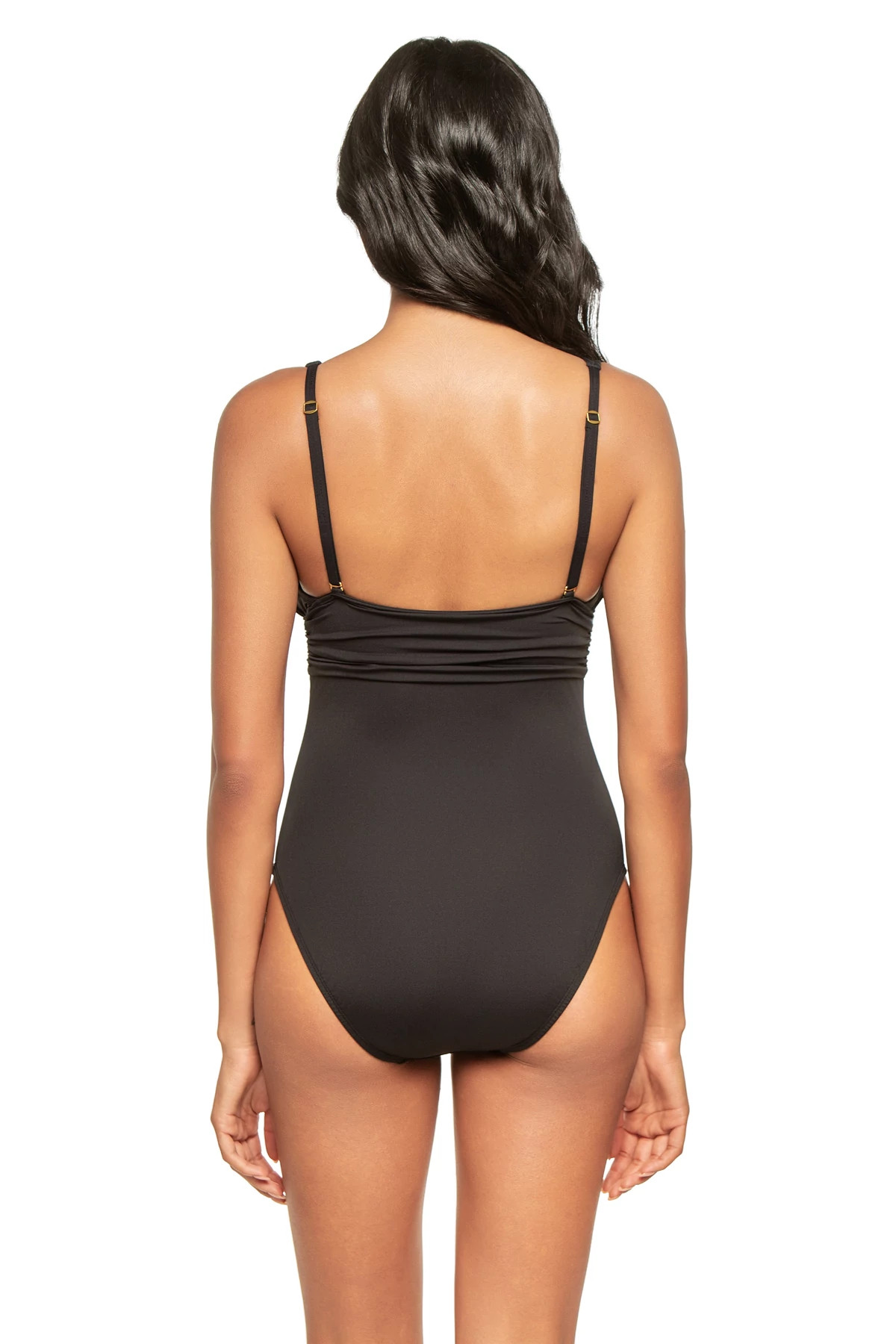 CAVIAR Ruched Plunge One Piece Swimsuit image number 2