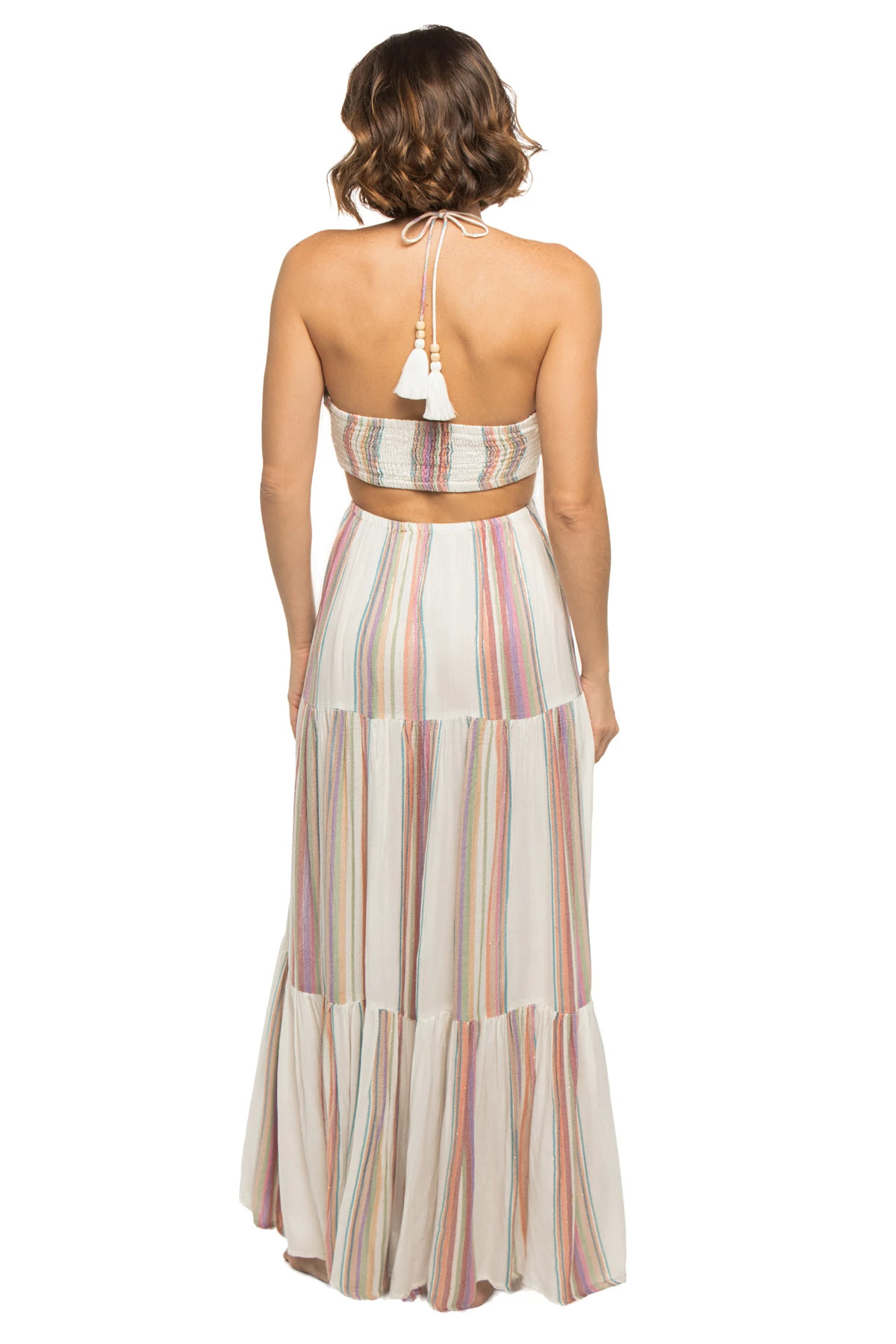 WHITE MULTI STRIPE Halter Maxi Dress image number 2