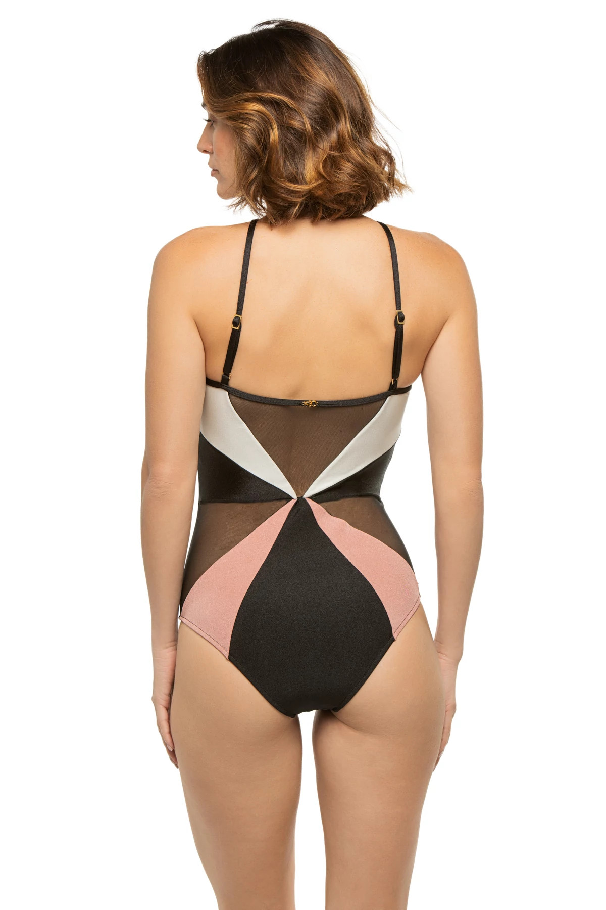 BLACK/WHITE Color Block Mesh One Piece Swimsuit image number 2