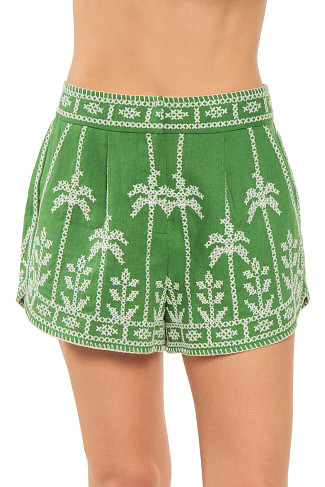 GREEN Linen Cross-Stitch Embroidered Shorts
