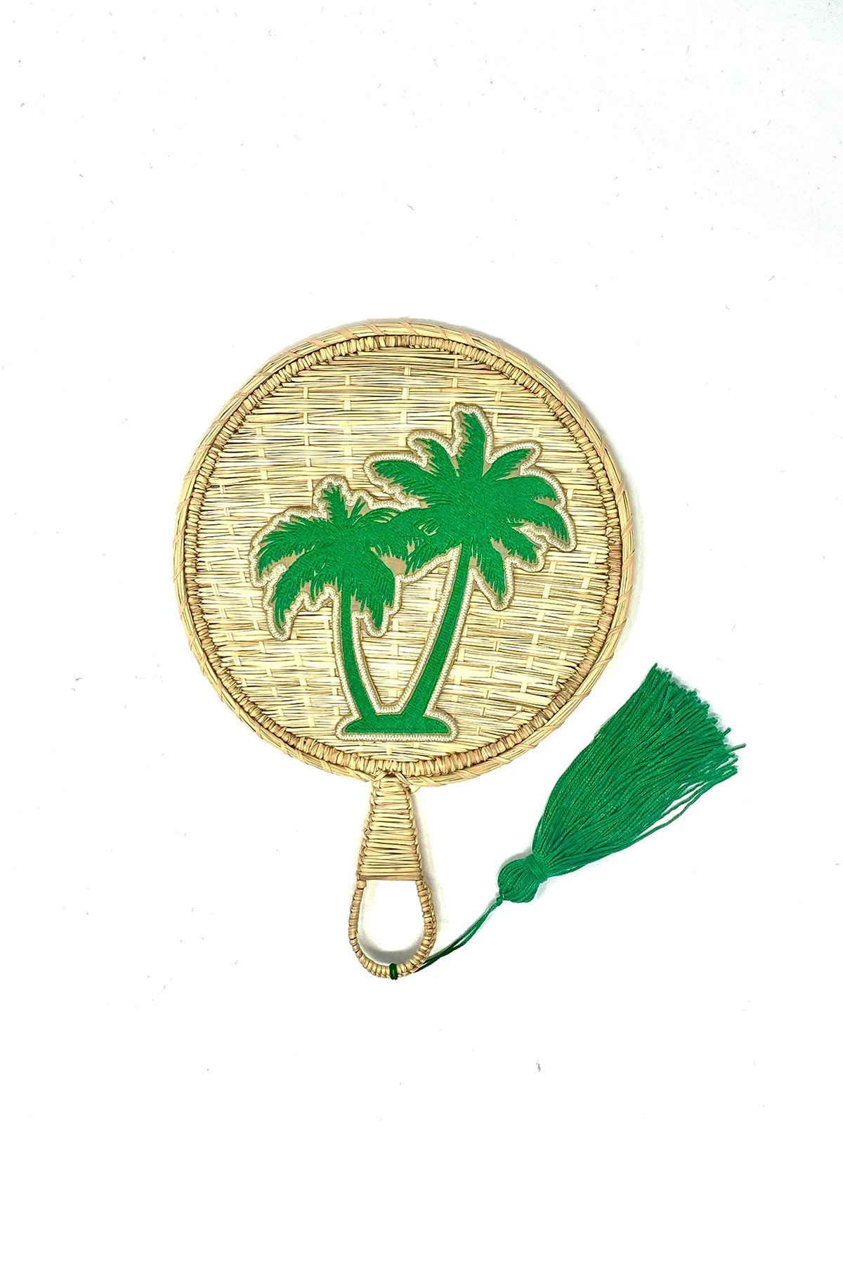 NATURAL Embroidered Palm Tree Appliqué Straw Fan image number 1