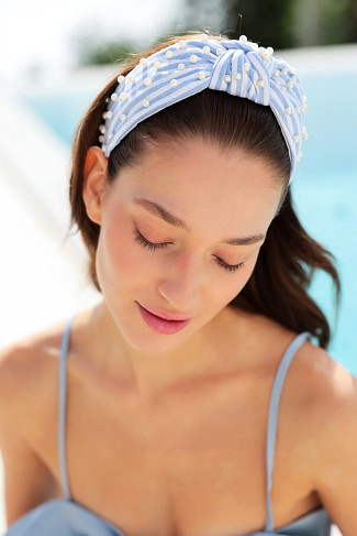 BLUE Pearls and Stripes Knotted Headband