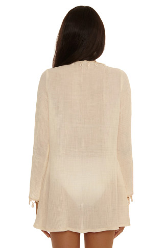 NATURAL Long Sleeve Shell Trim Tunic Cover Up