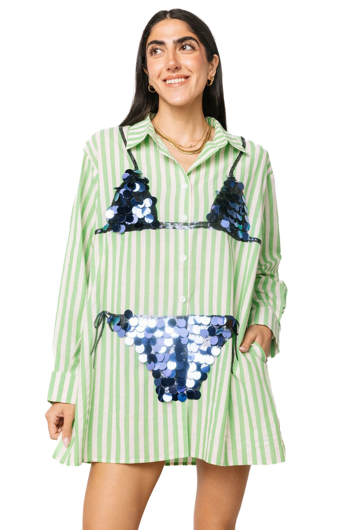 GREEN Striped Sequin Bikini Graphic Tunic image number 1