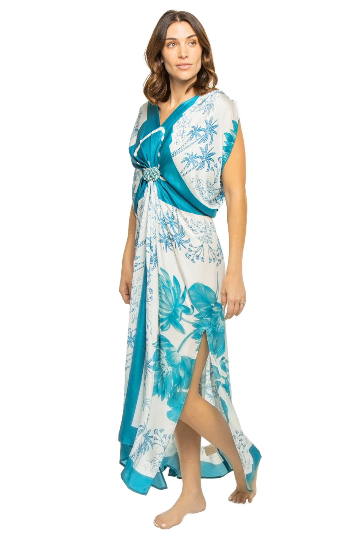 TEAL WATER LILY/WHITE SCARF Draped Maxi Dress image number 3