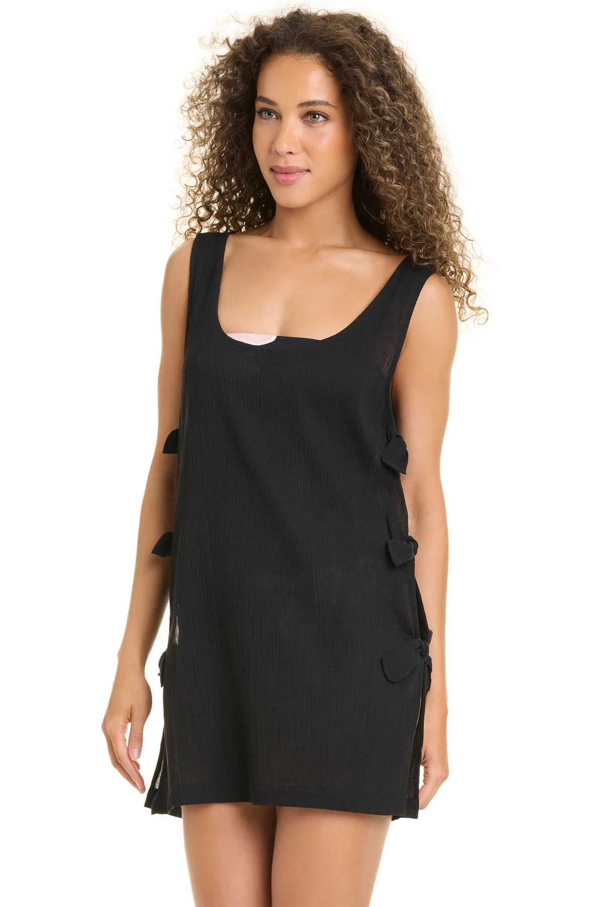 BLACK Side Tie Crinkle Cotton Cover Dress image number 1