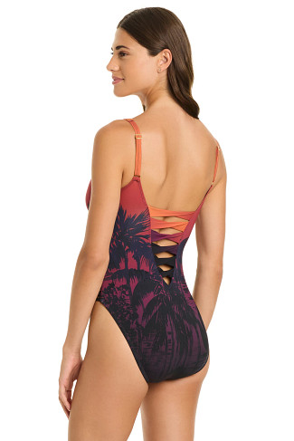 MULTI Ombre Palm Lace Up One Piece Swimsuit