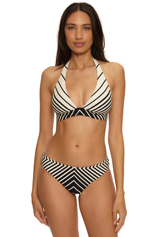 BLACK/VANILLA Net Stripe Ribbed Halter Bikini Top
