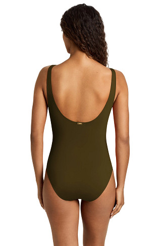 DARK OLIVE Ruffle Over The Shoulder One Piece Swimsuit