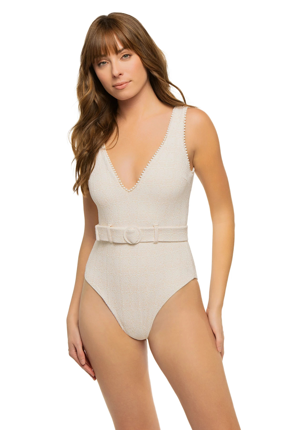 CREAM TWEED Dixie Textured Belted One Piece Swimsuit image number 1