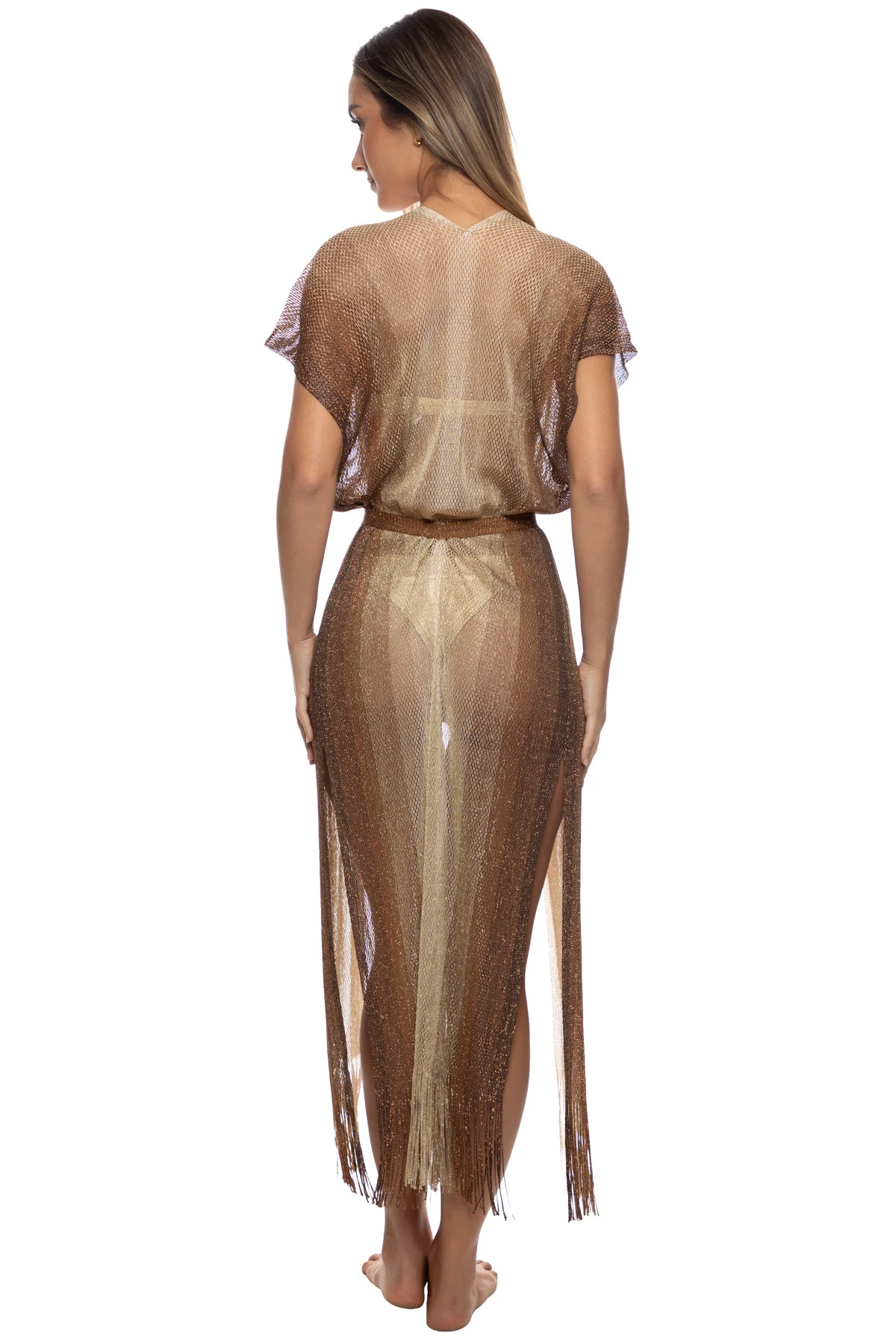 BROWN Metallic Fringe Maxi Kimono Cover Up image number 2