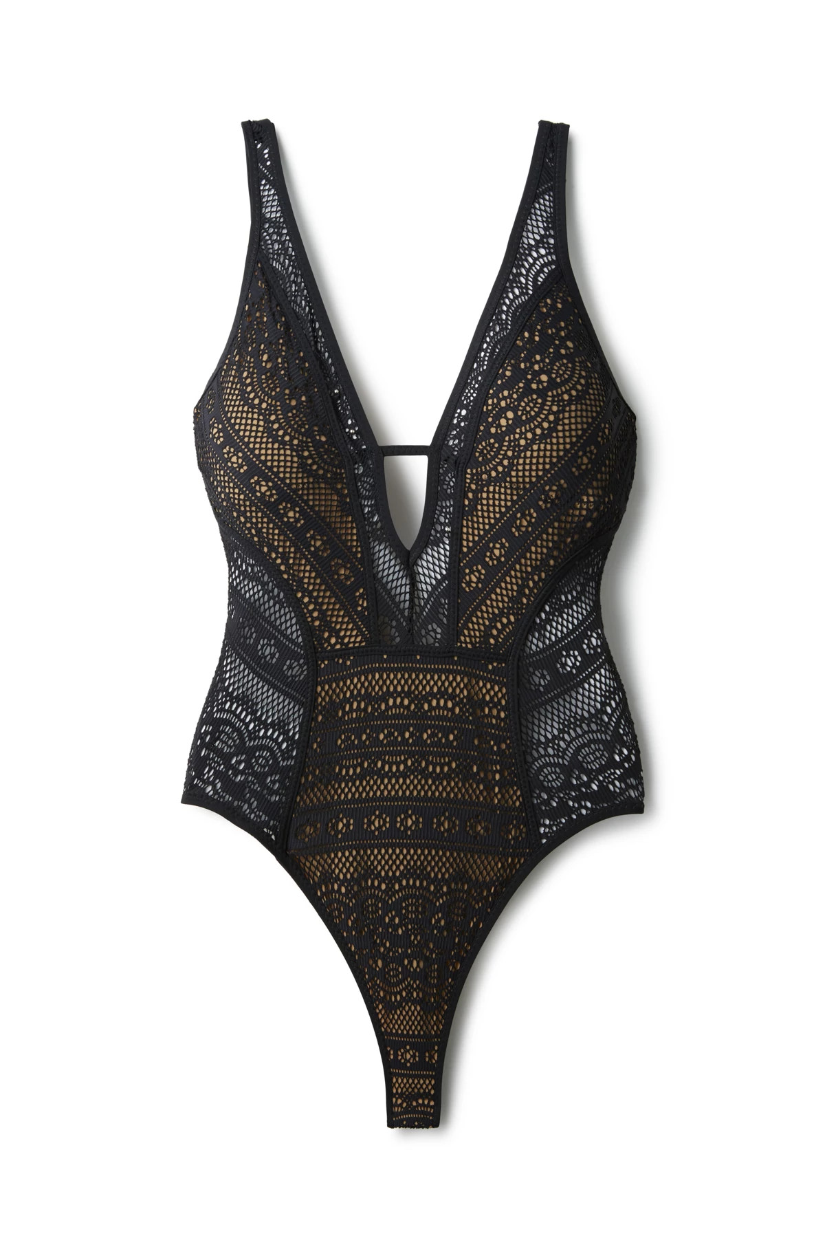 BLACK/TAN Show & Tell Plunge One Piece Swimsuit image number 3