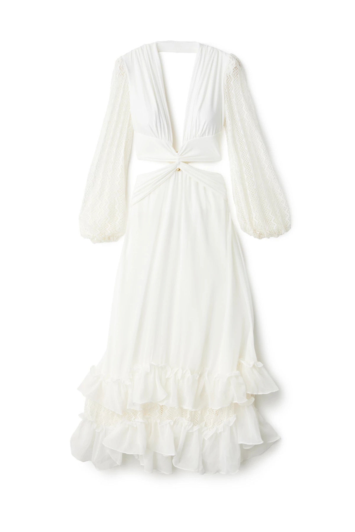 WHITE Plunge Lace Long Sleeve Maxi Dress image number 3
