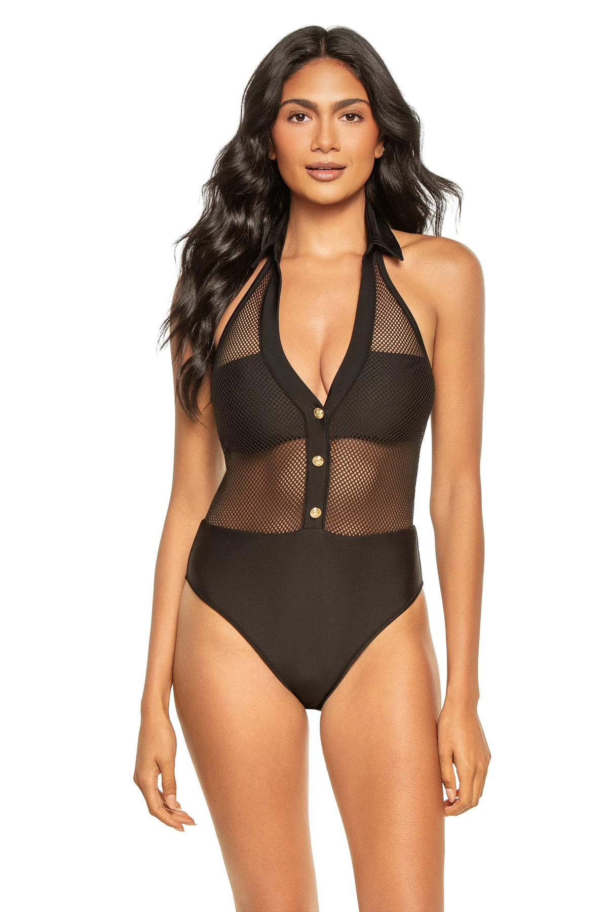 BLACK Natalya Mesh Halter One Piece Swimsuit image number 1