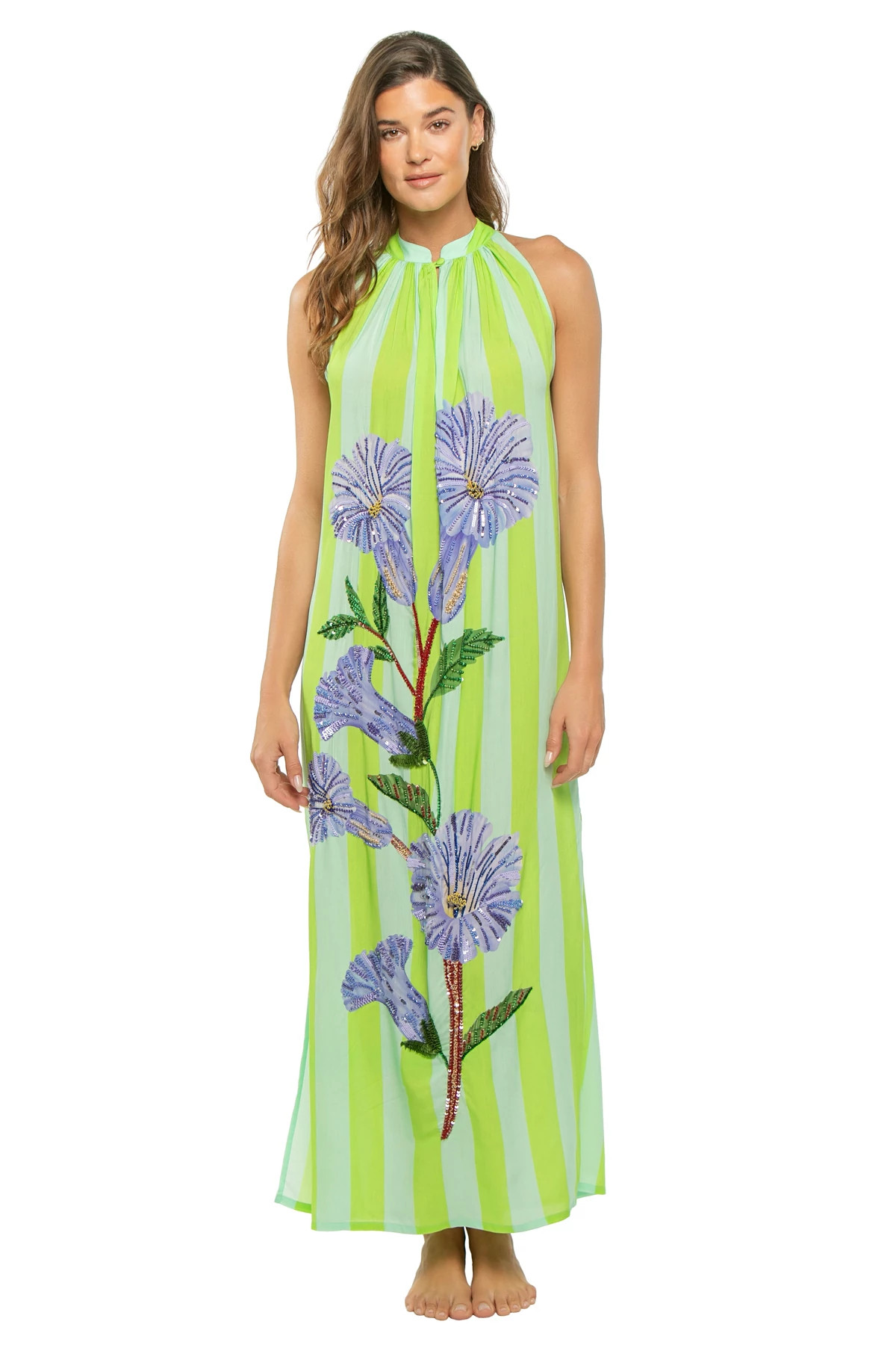 AQUA NEELGIRI / STRIPES PANEL Hand Beaded Sundowner Maxi Dress image number 1