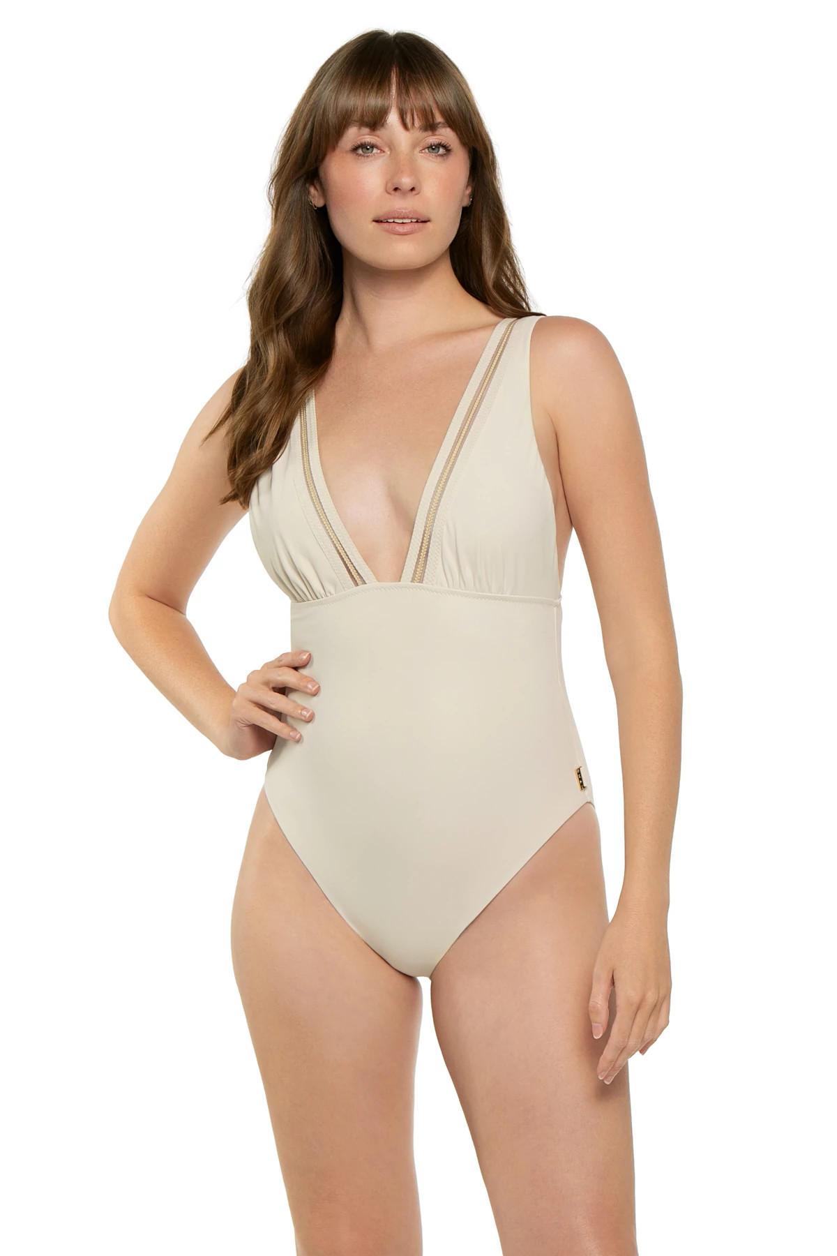 BEIGE Nelly Plunge One Piece Swimsuit image number 1