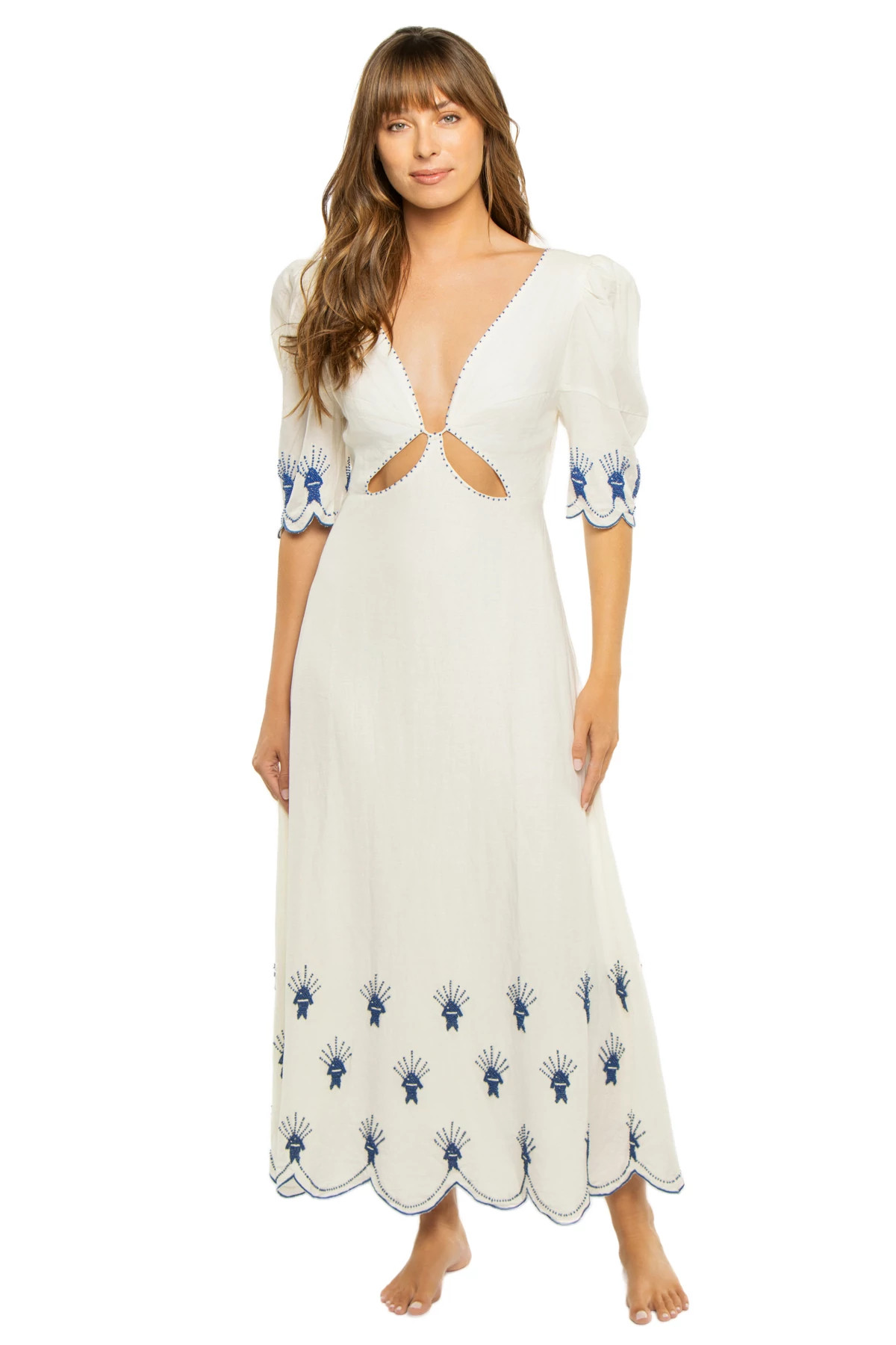 SEA OF FISH OFF-WHITE Sea of Fish Embroidered Linen Maxi Dress image number 1