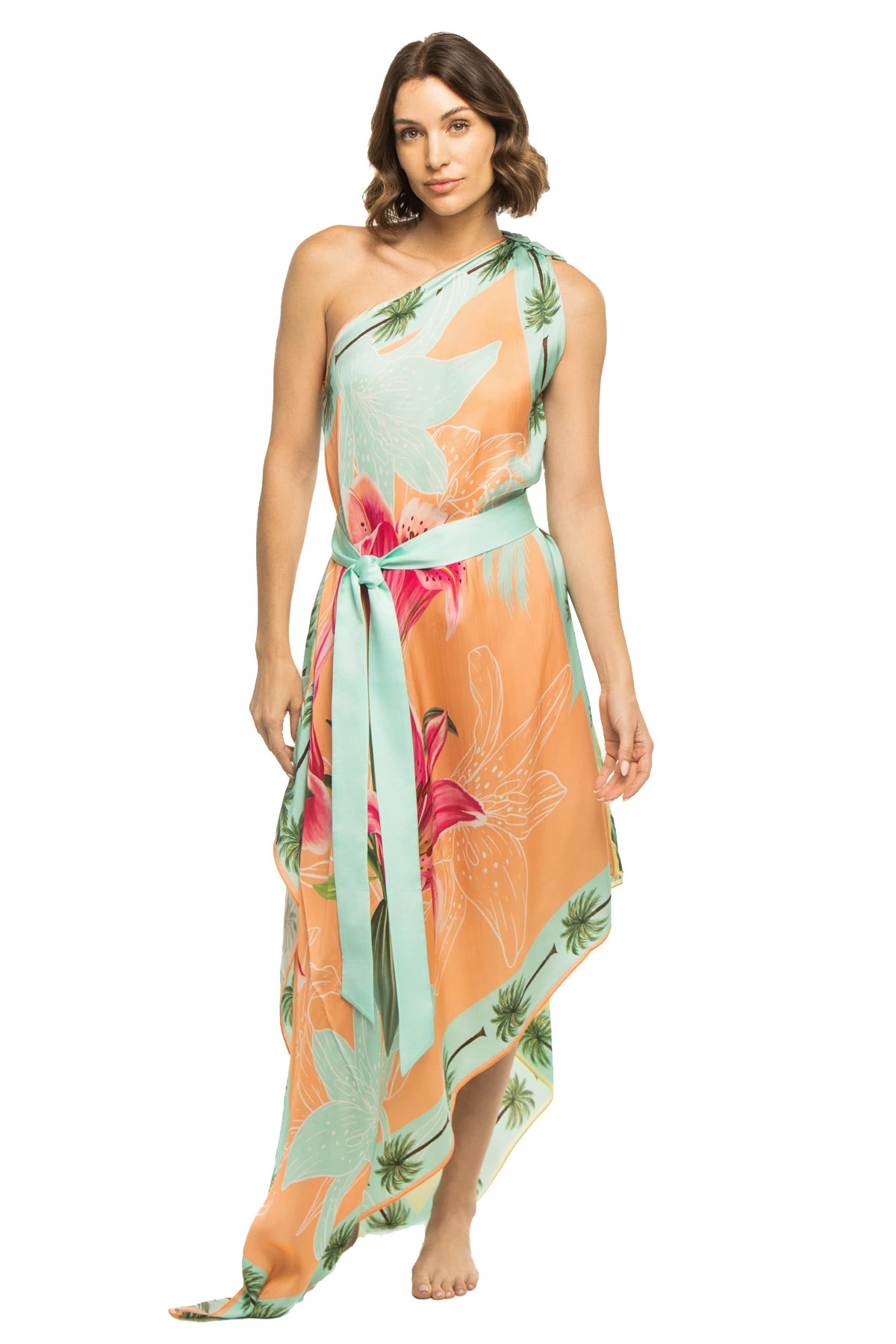 YELLOW AND AQUA LILY SCARF/CORAL AND AQUA LILY SCARF Asymmetrical Maxi Dress image number 3