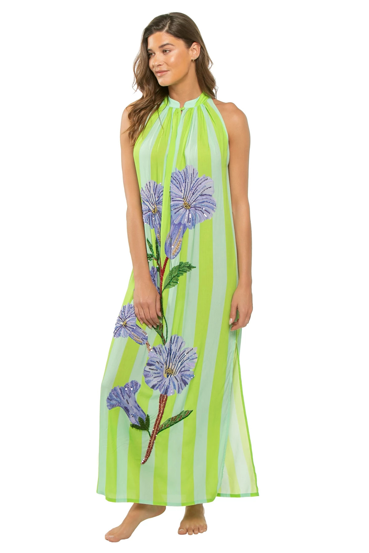 AQUA NEELGIRI / STRIPES PANEL Hand Beaded Sundowner Maxi Dress image number 3