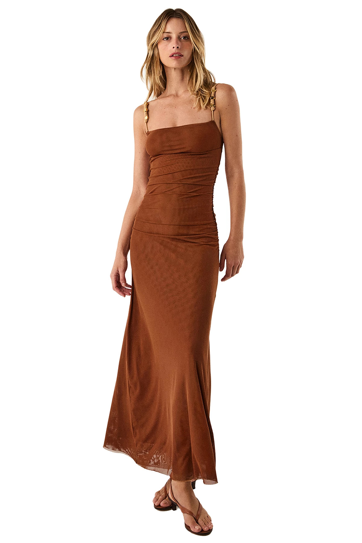 MEDIUM BEIGE Rumi Mesh Ruched Maxi Dress image number 1