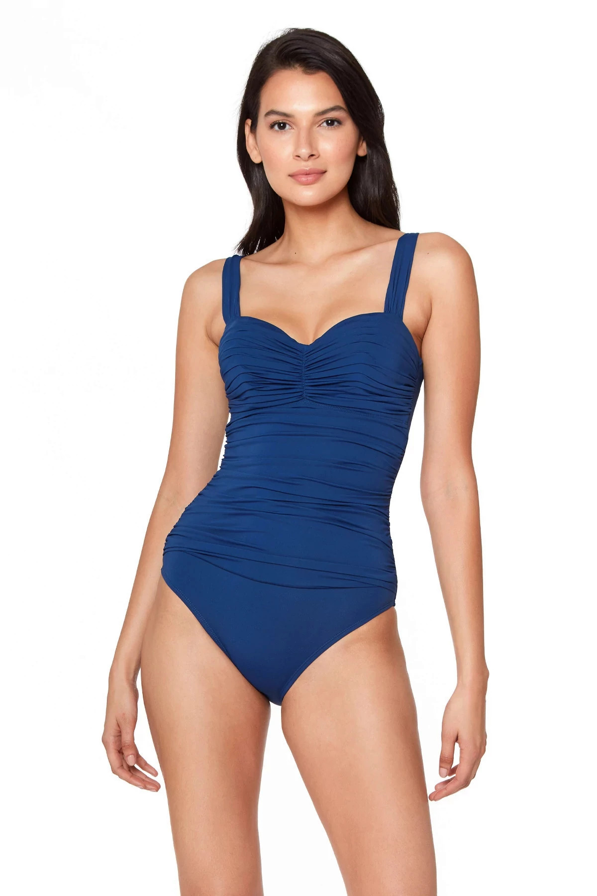 NAVY Shirred Underwire Over The Shoulder One Piece Swimsuit image number 1