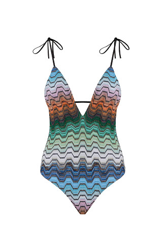 MULTI BLACK GREEN ORANGE Chevron Plunge One Piece Swimsuit