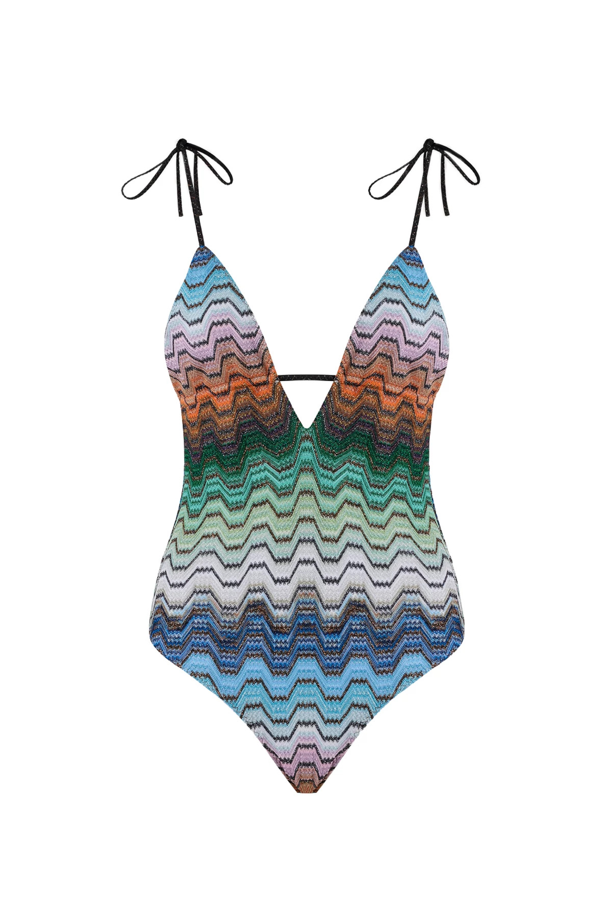 MULTI BLACK GREEN ORANGE Chevron Plunge One Piece Swimsuit image number 3
