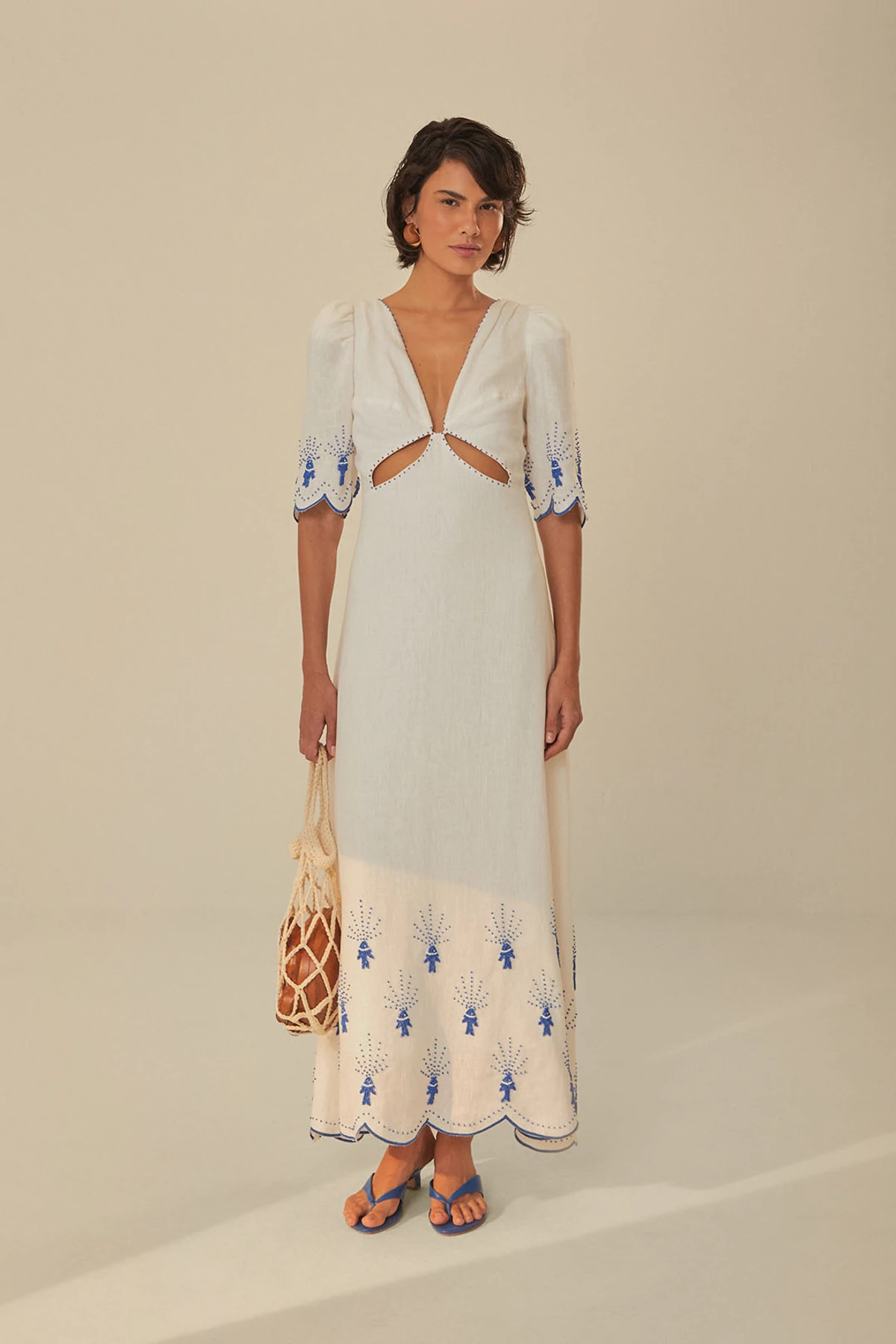 SEA OF FISH OFF-WHITE Sea of Fish Embroidered Linen Maxi Dress image number 1