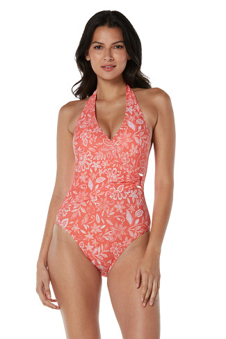 Coral Ruched Halter One-piece Swimsuit - Pink / S