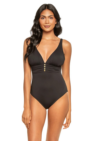 CAVIAR Ruched Plunge One Piece Swimsuit
