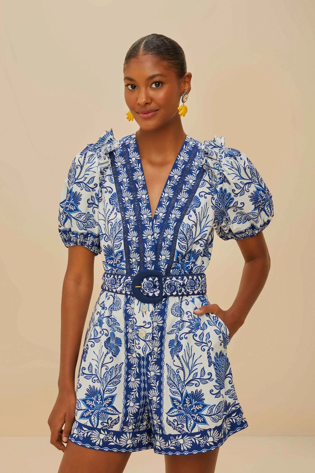 SHELL GARDEN OFF-WHITE V-Neck Romper image number 3