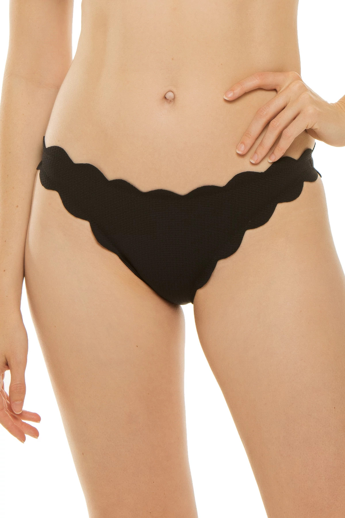 BLACK/INDIGO Low-Rise Scalloped Brazilian Bikini Bottom image number 1