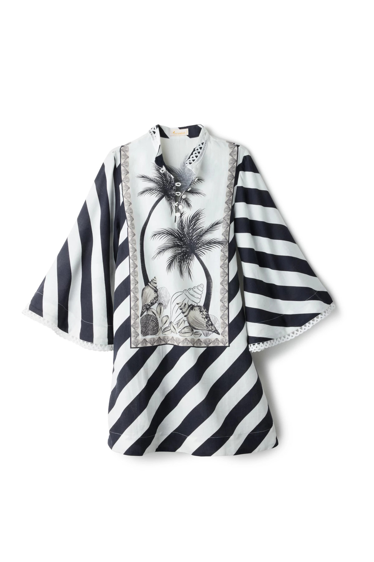 BLACK AND WHITE PALM PANEL Mini Caftan Dress image number 3