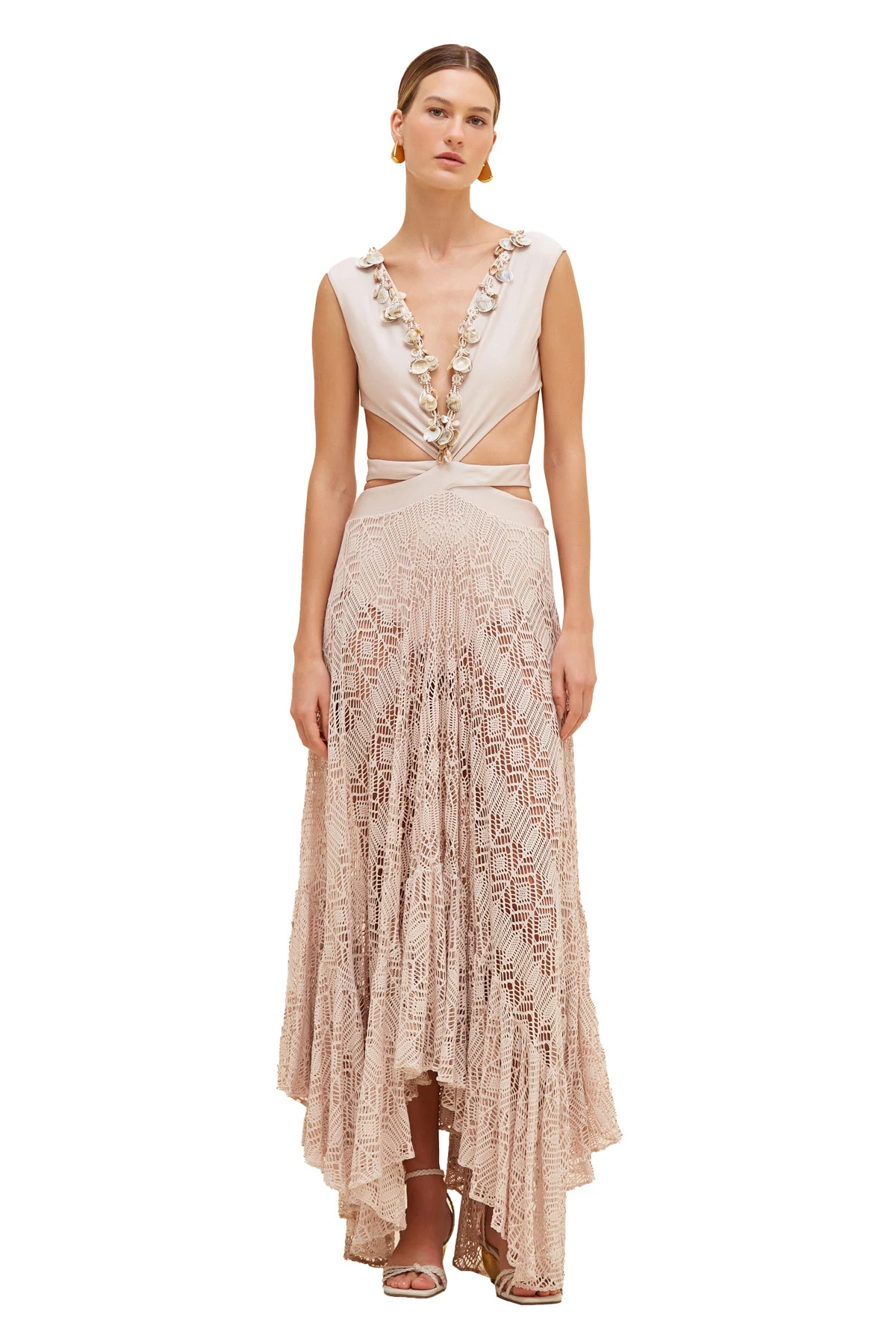 BEIGE Seashell Plunge Beach Midi Dress image number 1