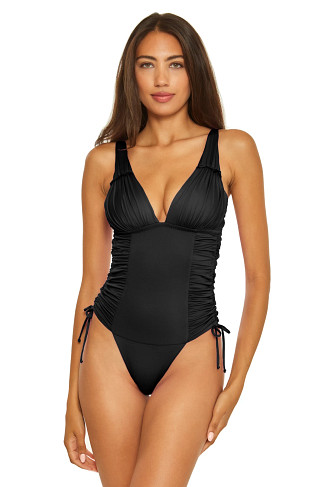 BLACK Maillot Shirred Plunge One Piece Swimsuit