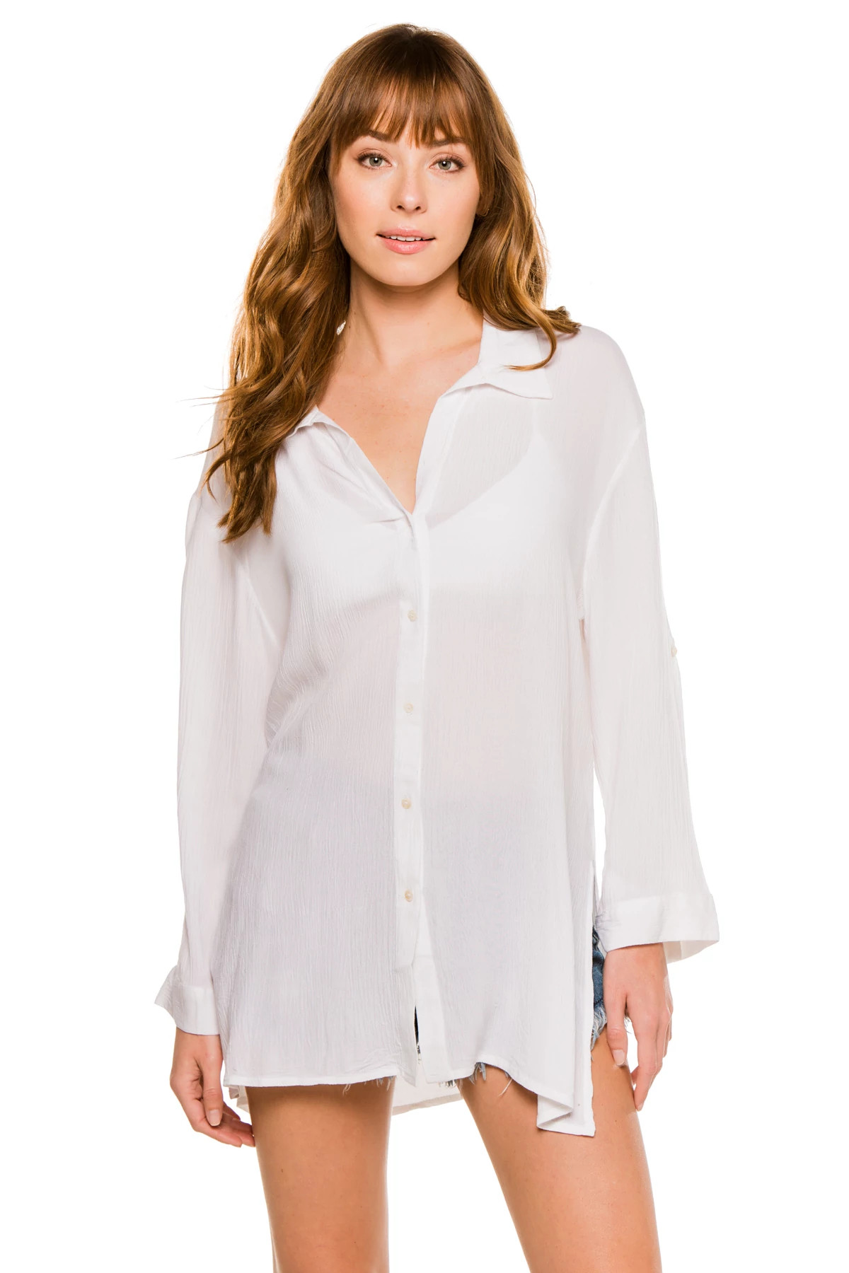 WHITE Button Down Shirt Dress image number 4