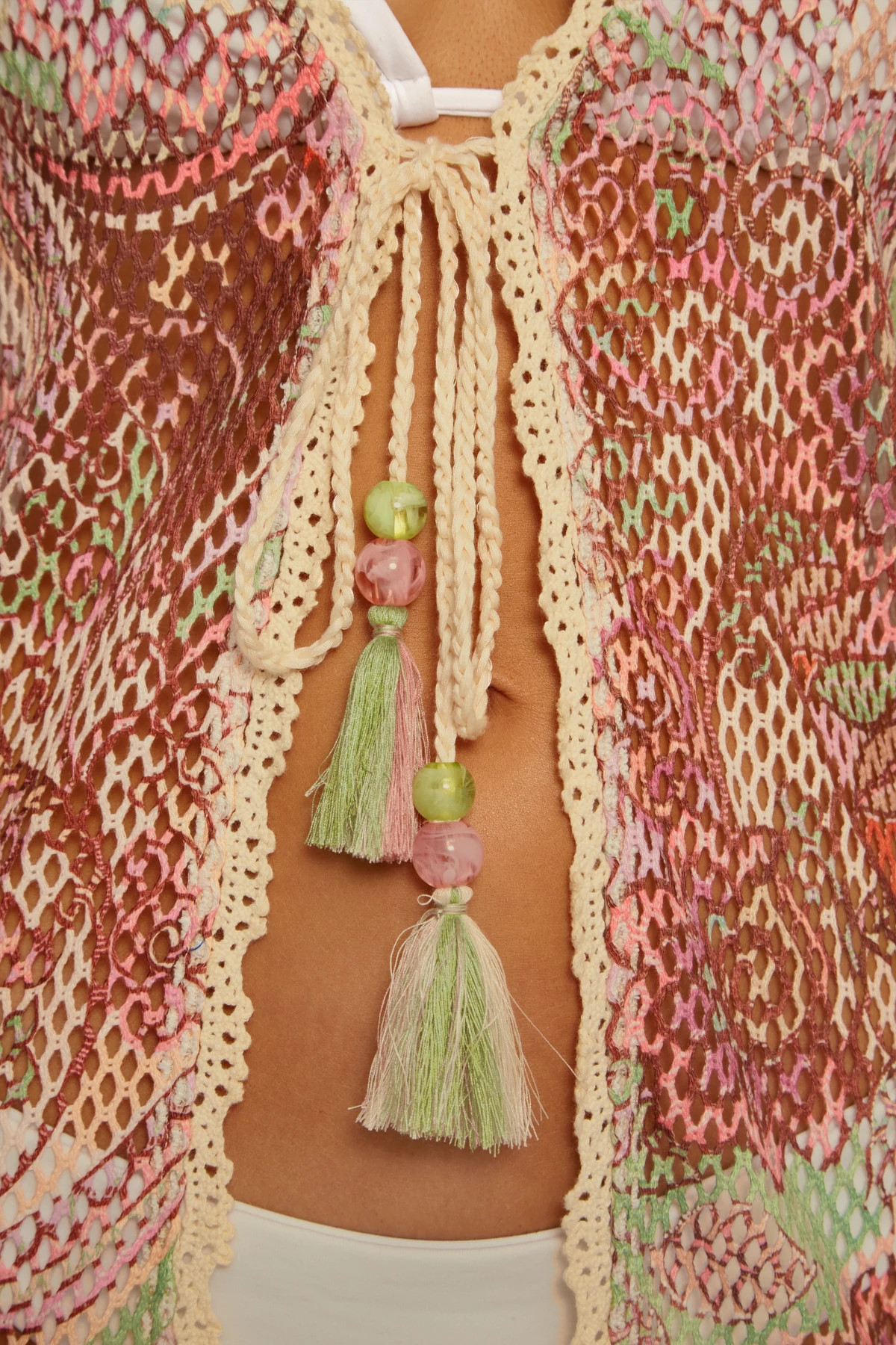 BASIL CROCHET Crochet Open Weave Bell Sleeve Kimono image number 7