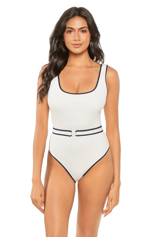 WHITE RIDGES/NAVY Rio Pucker Belted One Piece Swimsuit