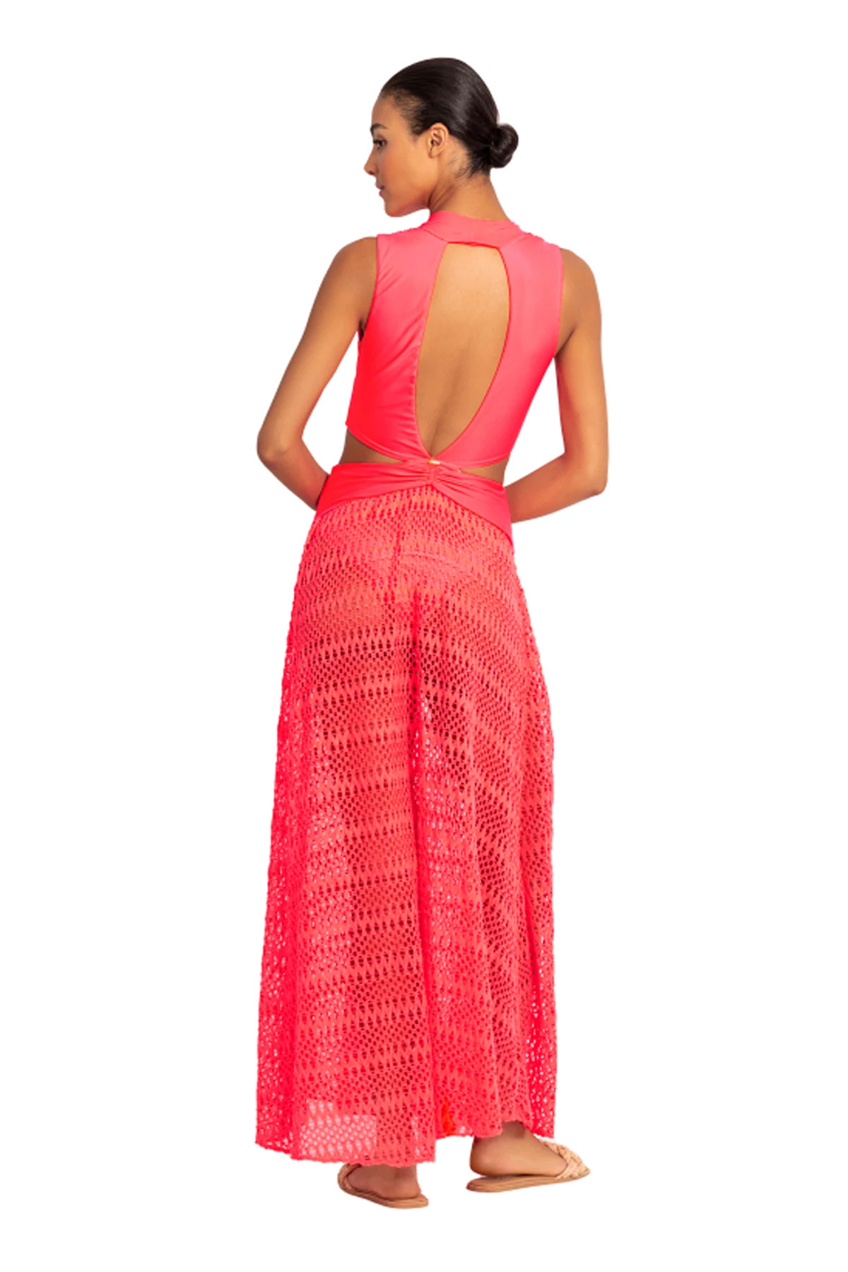 NEON CORAL Plunge Crochet Beach Dress image number 2
