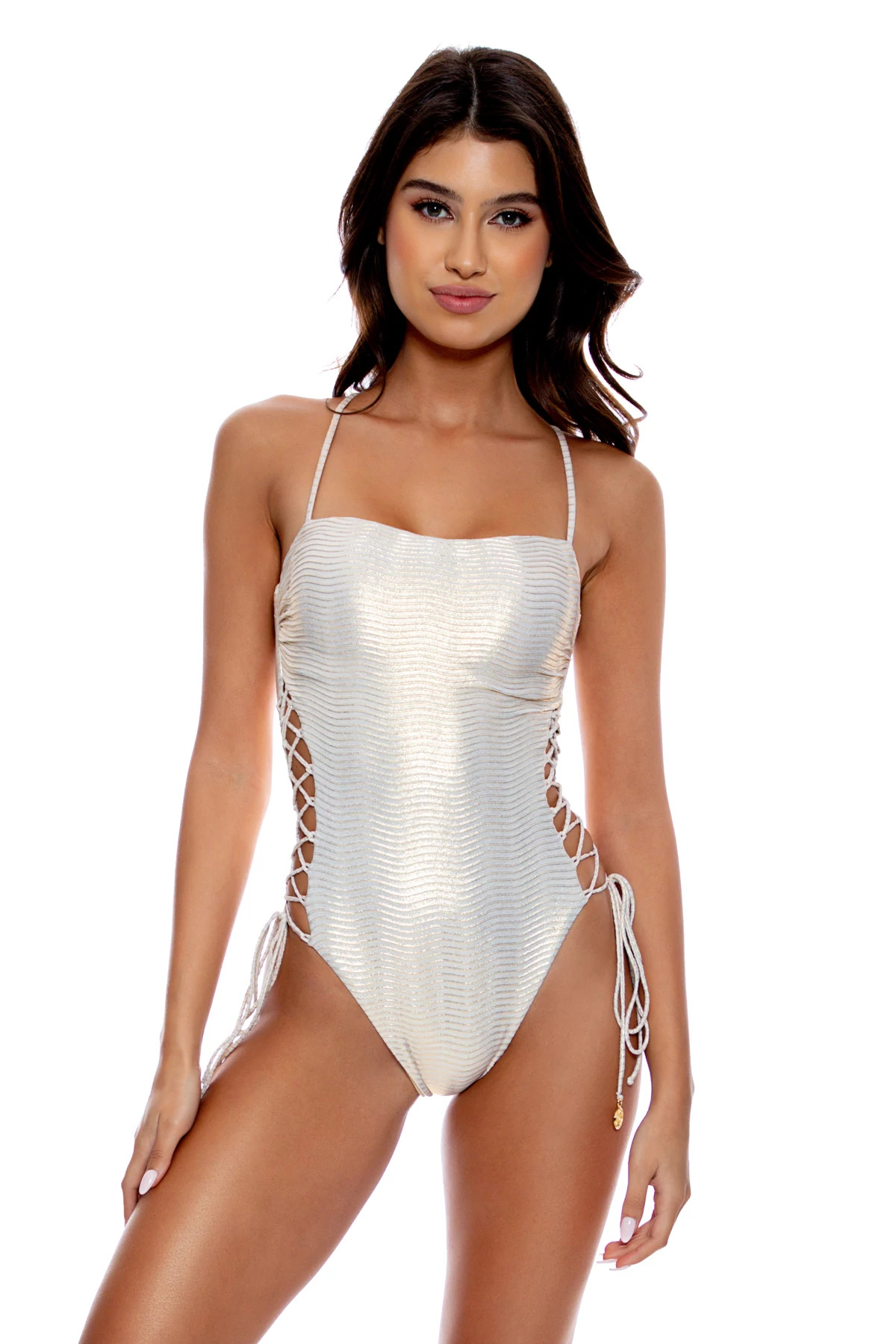 GOLD Iridescent Lace Up One Piece Swimsuit image number 1