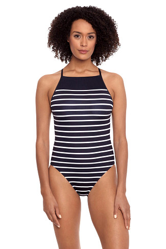 BLACK/WHITE Stripe High Neck One Piece Swimsuit
