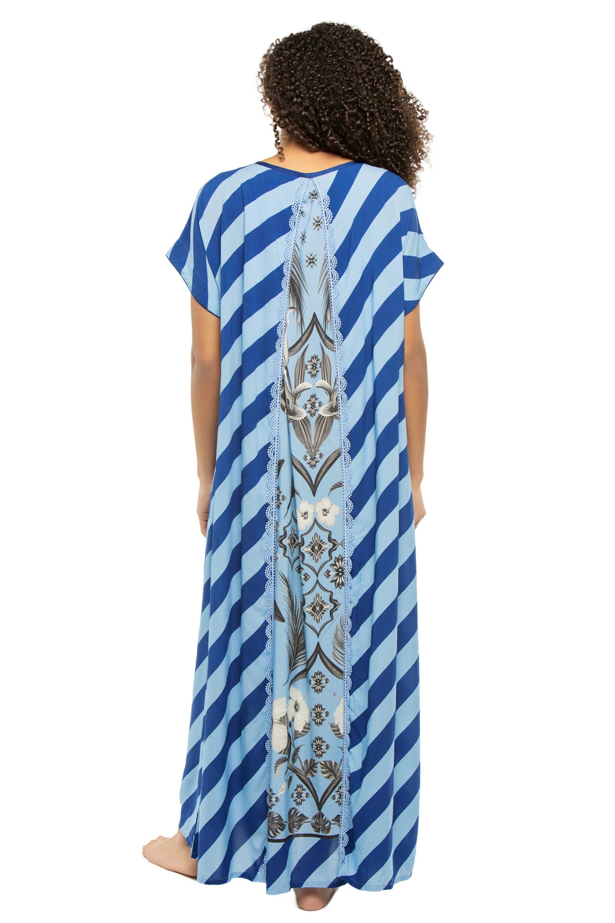 CORNFLOWER AND CHARCOAL PALM AZULEJOS Draped Maxi Caftan image number 2