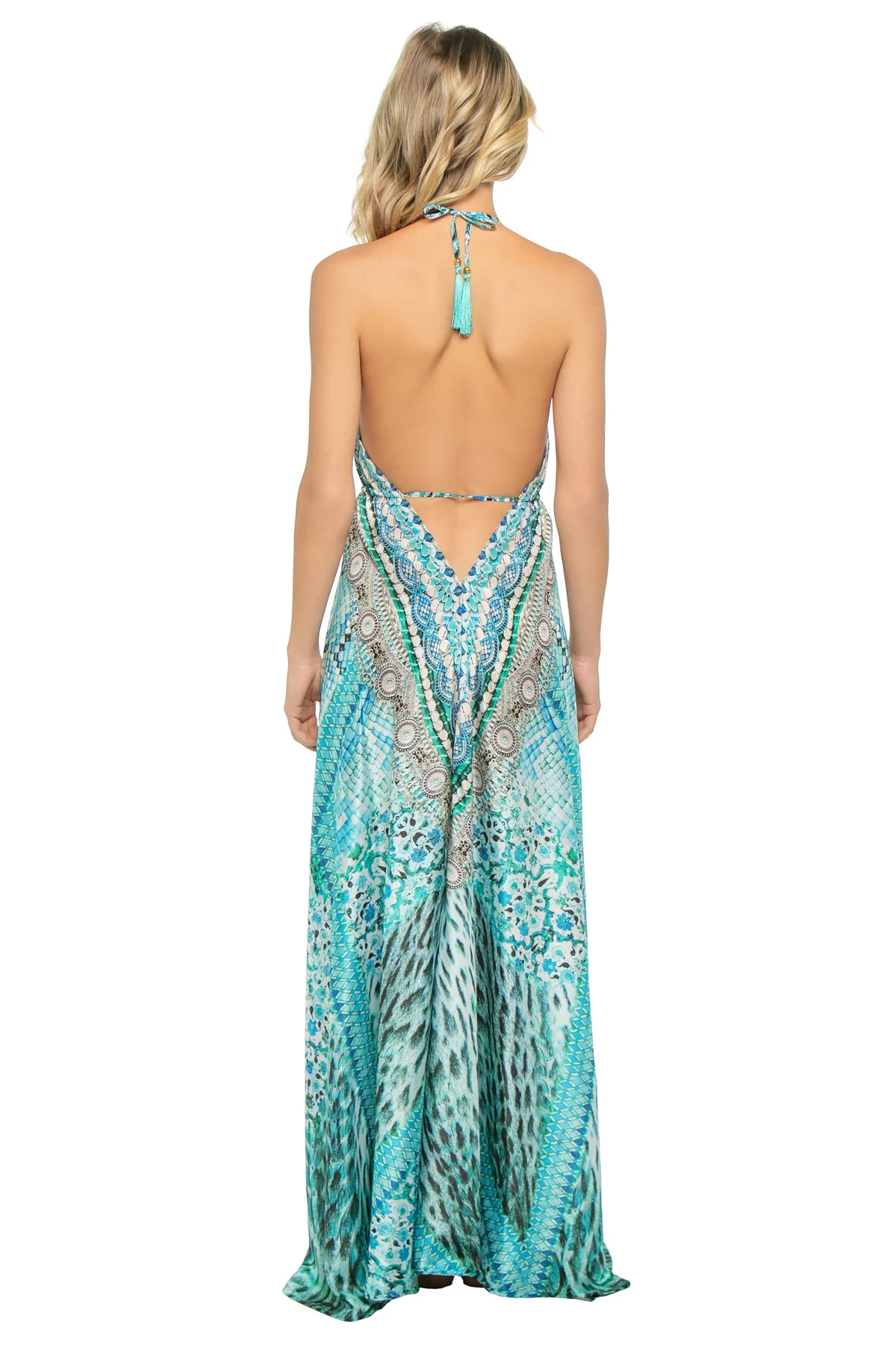 AZURE WILDERNESS Boho Print Hi-Low Halter Maxi Dress image number 2