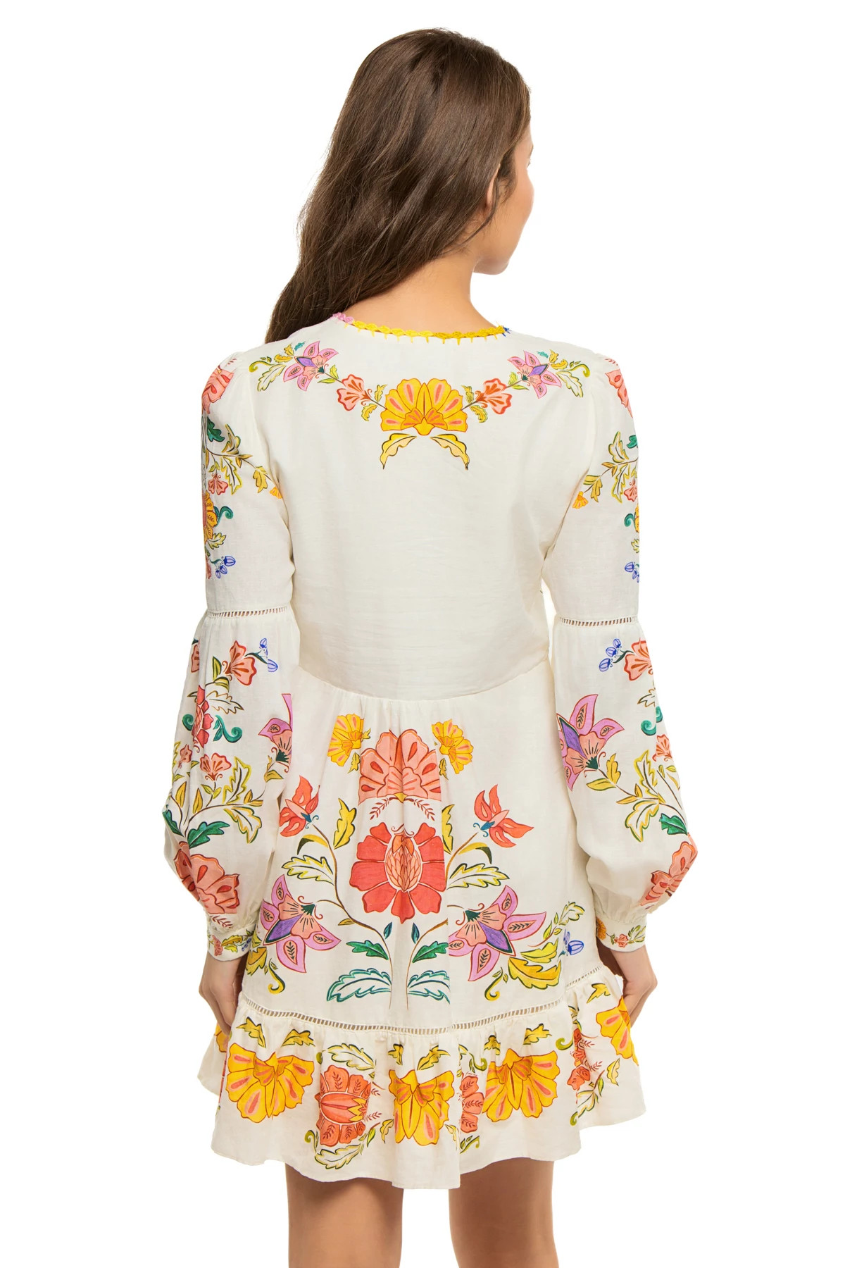 FLORAL INSECTS OFF-WHITE Long Sleeve Floral Mini Dress image number 2