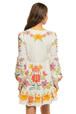 FLORAL INSECTS OFF-WHITE Long Sleeve Floral Mini Dress