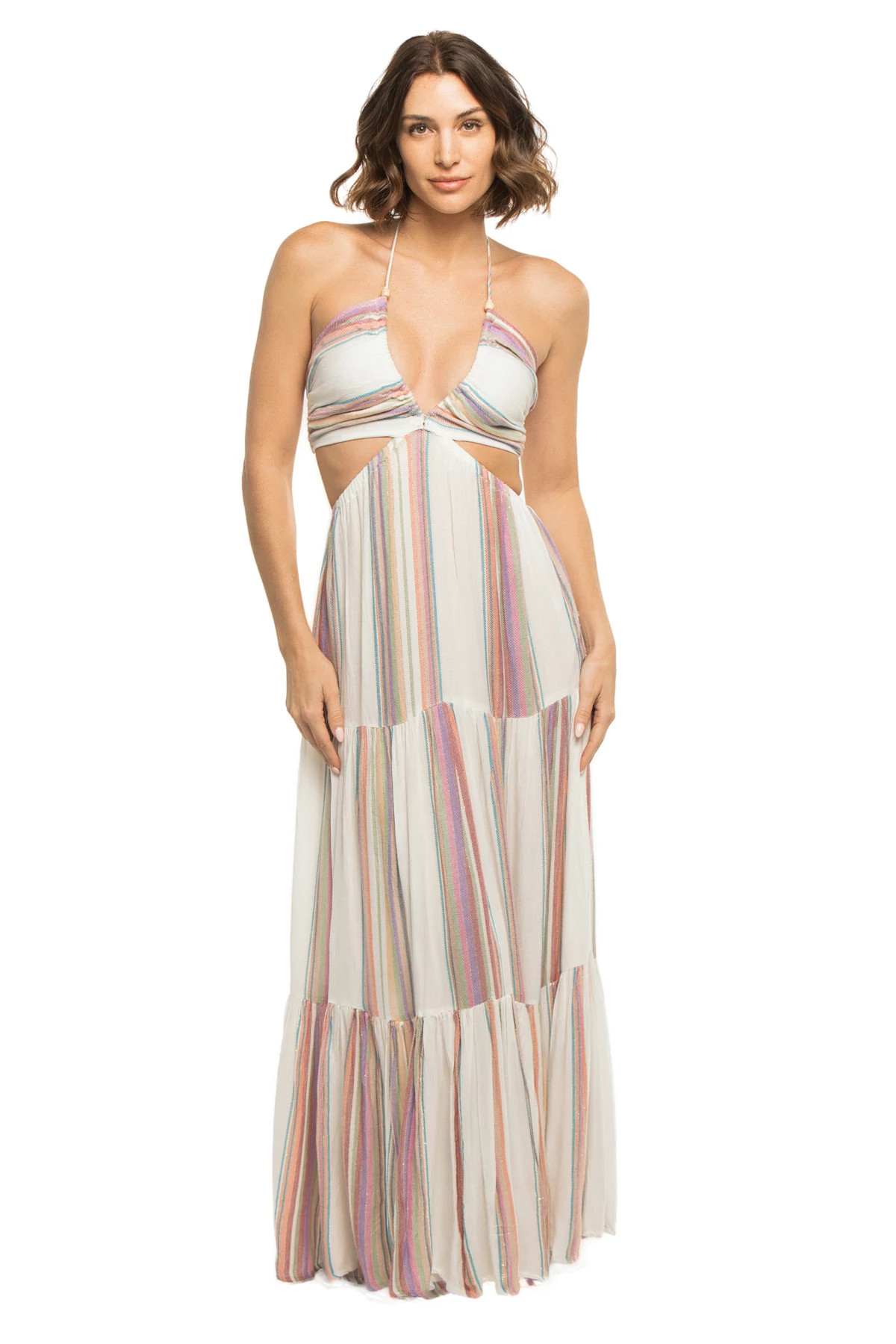 WHITE MULTI STRIPE Halter Maxi Dress image number 3