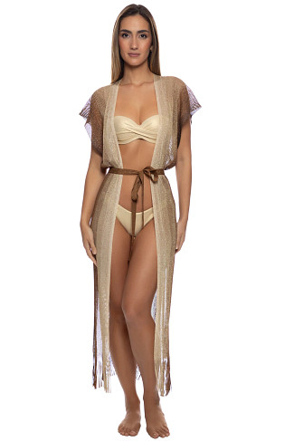 BROWN Metallic Fringe Maxi Kimono Cover Up